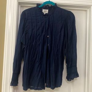 swildens navy blue button down blouse with lace detailing